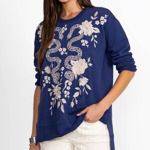 Johnny Was Edie Sweatshirt/Pullover in Navy with Snake & Floral Embroidery S NWT